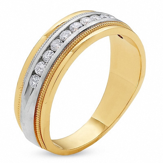 Previously Owned - 1/2 CT. T.w. Diamond Channel Groove Milgrain Band in 14K Two-Tone Gold