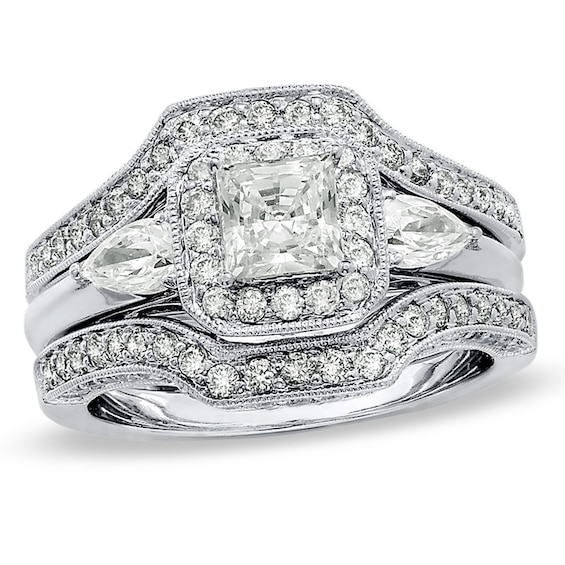 Previously Owned - 2 CT. T.w. Princess-Cut Diamond Frame Bridal Set in 14K White Gold