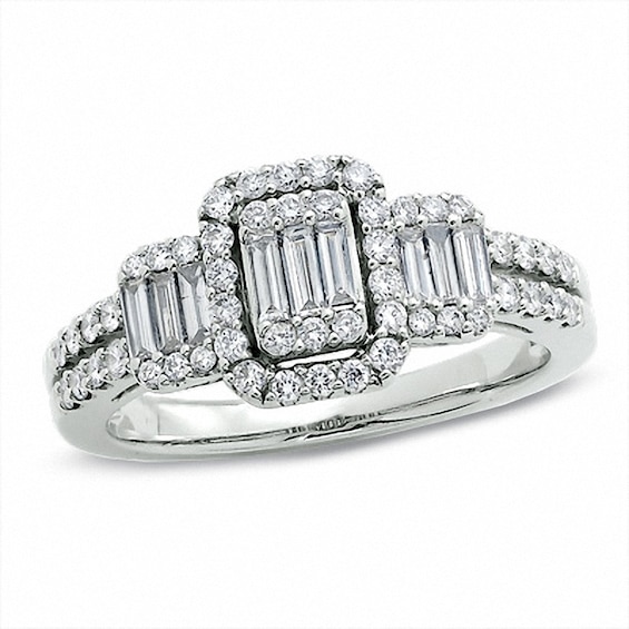 Previously Owned - 3/4 CT. T.w. Multi-Baguette Diamond Three Stone Ring in 14K White Gold