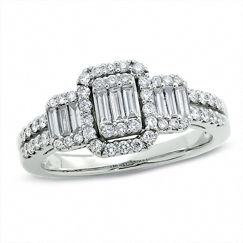 Main Image 1 of Previously Owned - 3/4 CT. T.W. Multi-Baguette Diamond Three Stone Ring in 14K White Gold
