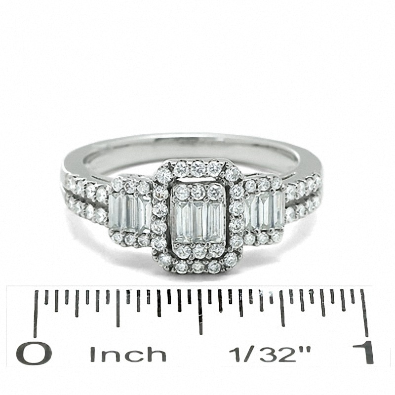 Main Image 3 of Previously Owned - 3/4 CT. T.W. Multi-Baguette Diamond Three Stone Ring in 14K White Gold