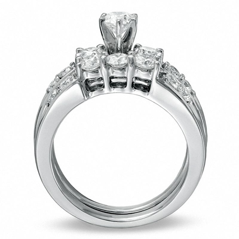 Main Image 2 of Previously Owned - 1-1/2 CT. T.W. Diamond Channel Three Stone Bridal Set in 14K White Gold