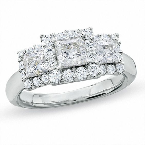 Previously Owned - 1-1/2 CT. T.w. Princess-Cut Celebration Diamond® Three Stone Framed Ring in 18K White Gold