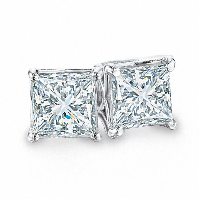 Main Image 1 of Previously Owned - 1/2 CT. T.W. Princess-Cut Celebration Diamond® Solitaire Stud Earrings in 18K White Gold