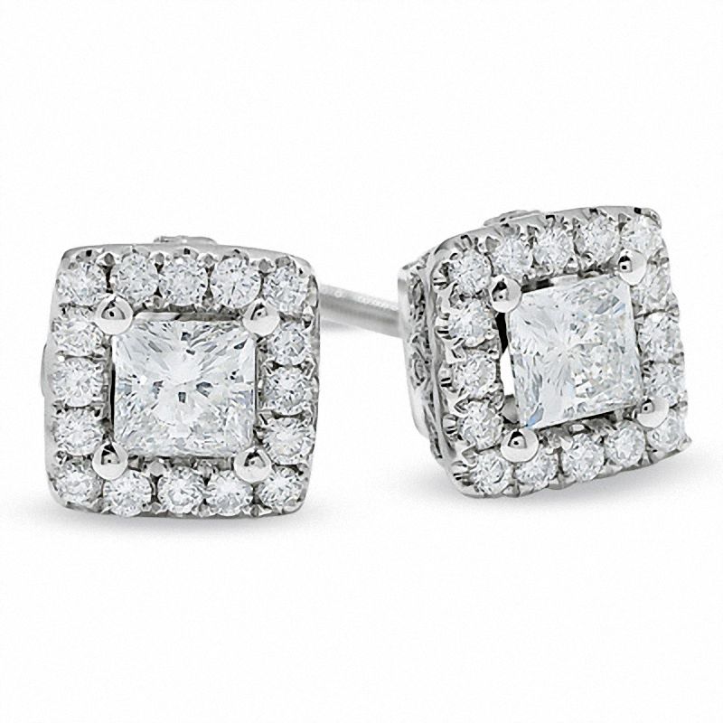 Main Image 1 of Previously Owned - 1 CT. T.W. Princess-Cut Celebration Diamond® Framed Stud Earrings in 18K White Gold