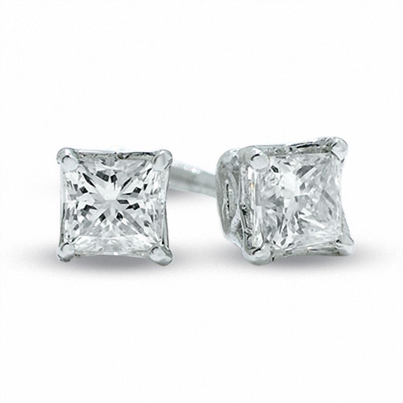 Main Image 1 of Previously Owned - 1/3 CT. T.W. Princess-Cut Celebration Diamond® Solitaire Stud Earrings in 18K White Gold