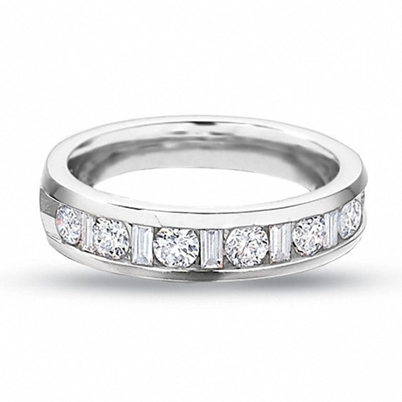 Previously Owned - 1/4 CT. T.w. Round and Baguette Diamond Channel Band in 14K White Gold