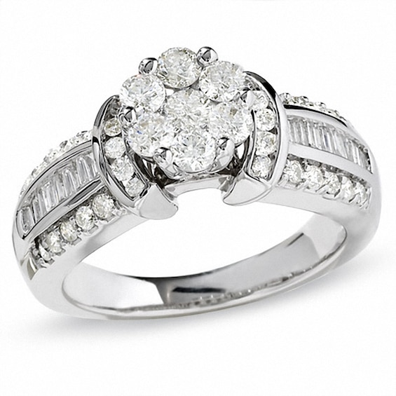 Previously Owned - 1-1/4 CT. T.w. Diamond Flower Collar Ring with Baguette Side Stones in 14K White Gold
