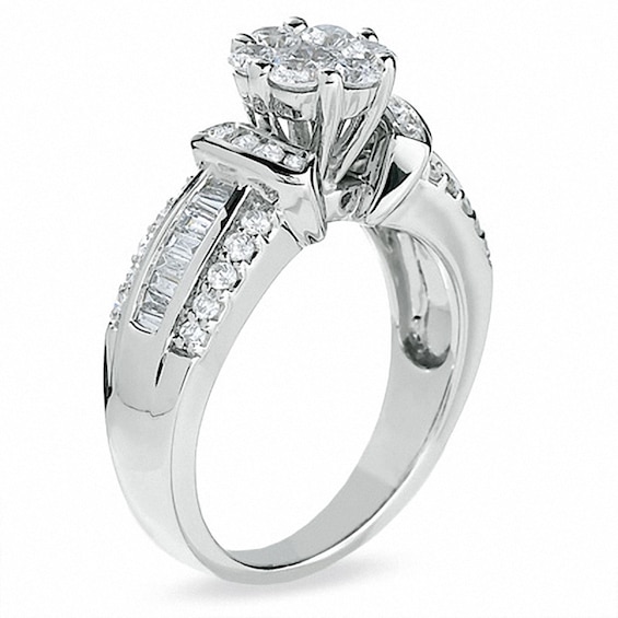 Previously Owned - 1-1/4 CT. T.w. Diamond Flower Collar Ring with Baguette Side Stones in 14K White Gold