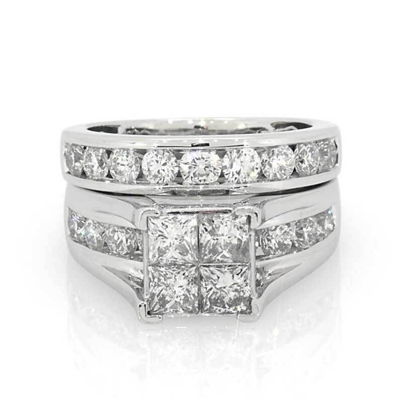 Main Image 1 of Previously Owned 3 CT. T.W. Quad Princess-Cut Diamond Soldered Bridal Set in 14K White Gold