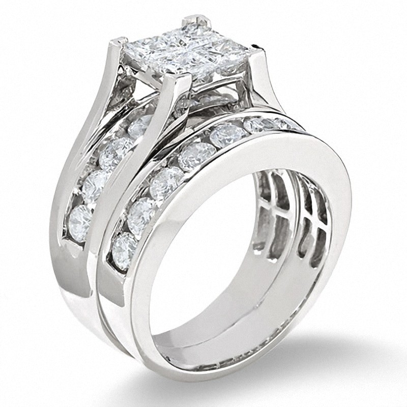 Main Image 2 of Previously Owned 3 CT. T.W. Quad Princess-Cut Diamond Soldered Bridal Set in 14K White Gold