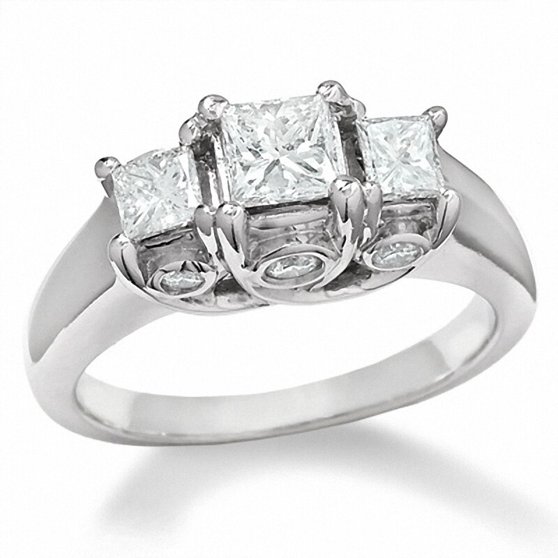 Main Image 1 of Previously Owned - 1-1/4 CT. T.W. Princess-Cut Diamond Three Stone Ring in 14K White Gold with Diamond Accents