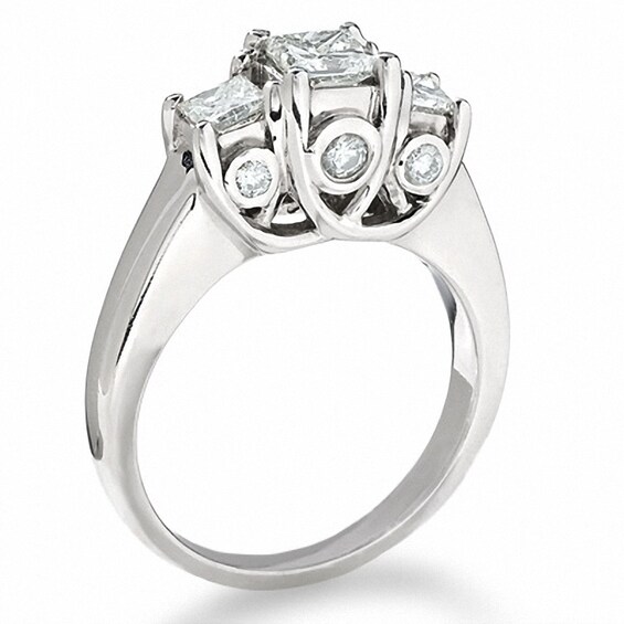 Previously Owned - 1-1/4 CT. T.w. Princess-Cut Diamond Three Stone Ring in 14K White Gold with Diamond Accents
