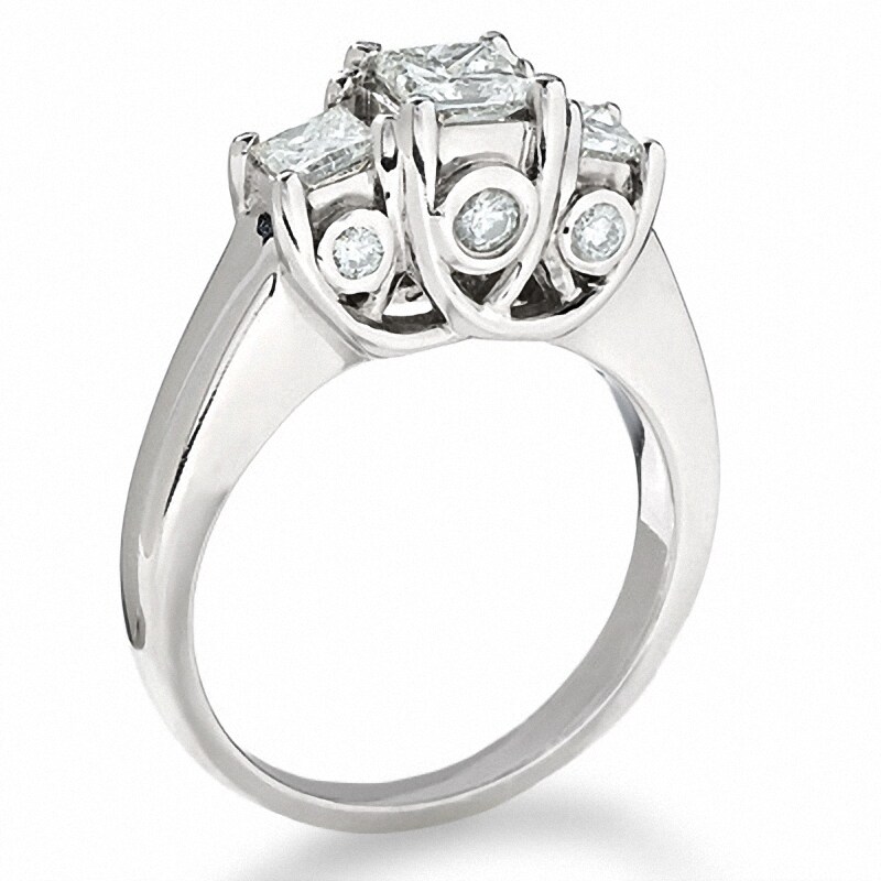 Main Image 2 of Previously Owned - 1-1/4 CT. T.W. Princess-Cut Diamond Three Stone Ring in 14K White Gold with Diamond Accents