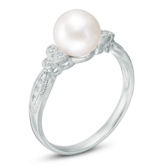 Previously Owned-7.0-7.5mm Freshwater Cultured Pearl and 1/10 CT. T.w. Diamond Tri-Sides Ring in 10K White Gold