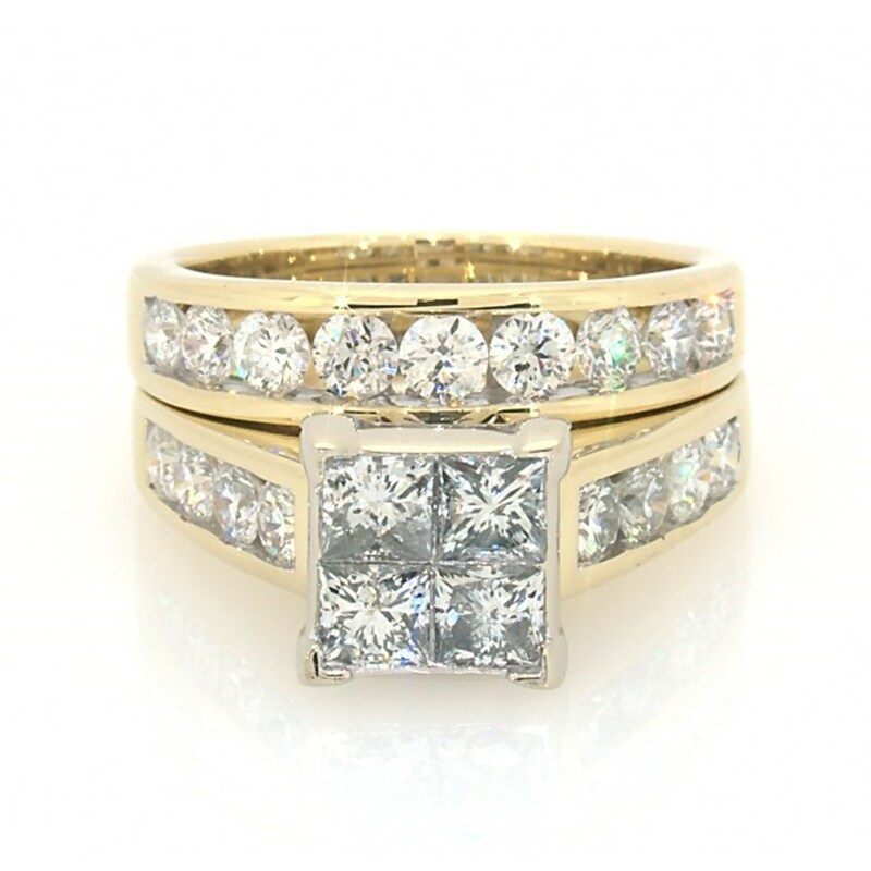 Main Image 1 of Previously Owned 3 CT. T.W. Quad Square-Cut Diamond Soldered Bridal Set in 14K Gold