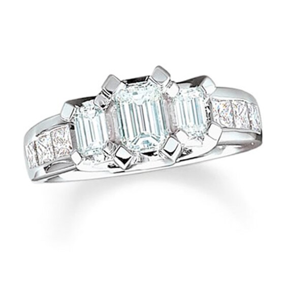 Previously Owned - 2 CT. T.w. Emerald-Cut Diamond Three Stone Engagement Ring in 18K White Gold