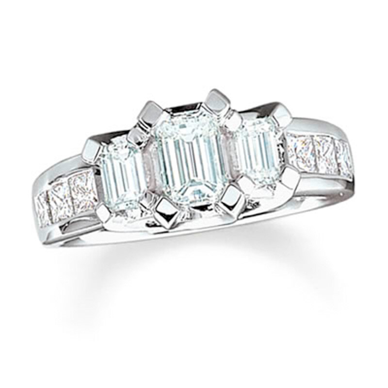 Previously Owned - 2 CT. T.W. Certified Emerald-Cut Diamond Three Stone Engagement Ring in 18K White Gold