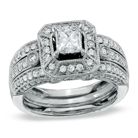 Previously Owned - 1-5/8 CT. T.w. Princess-Cut Diamond Bridal Set in 14K White Gold