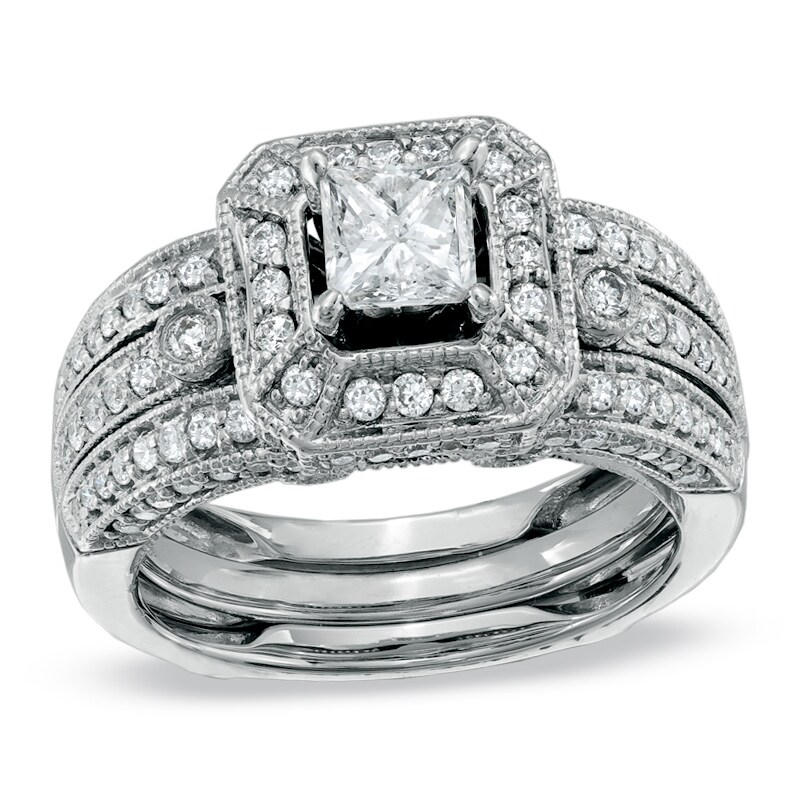 Main Image 1 of Previously Owned - 1-5/8 CT. T.W. Princess-Cut Diamond Bridal Set in 14K White Gold
