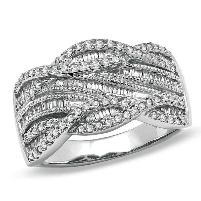 Previously Owned - 1/2 CT. T.W. Round and Baguette Diamond Swirl Band ...