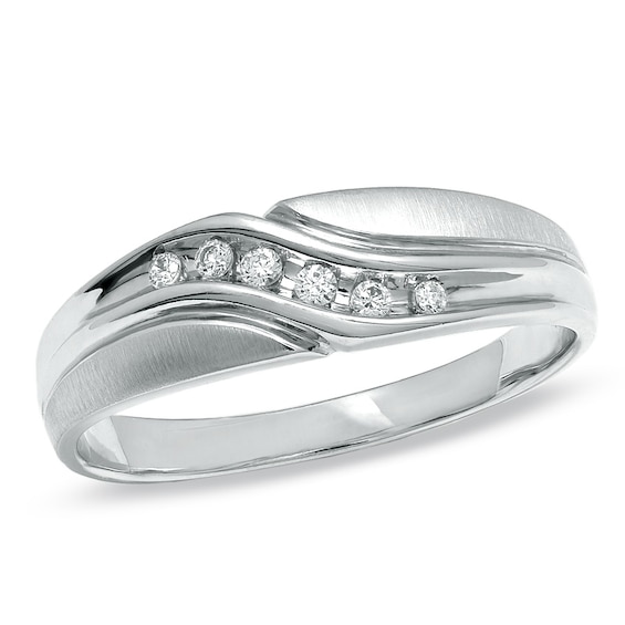 Previously Owned - Men's Diamond Accent Slant Wedding Band in 10K White Gold