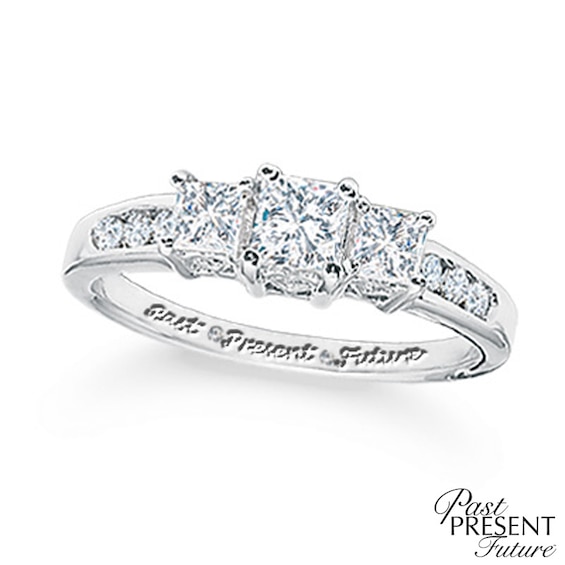 Previously Owned - 1/2 CT. T.w. Princess-Cut Diamond Past Present Future® Ring in 14K White Gold
