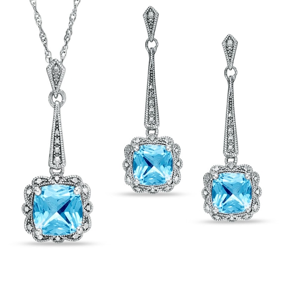 Previously Owned - Cushion-Cut Blue Topaz Vintage Pendant and Earrings Set in Sterling Silver