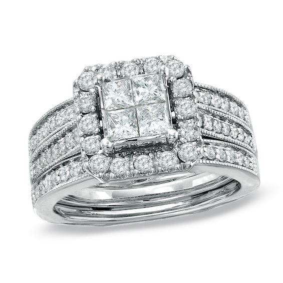 Previously Owned - 1-1/2 CT. T.w. Quad Princess-Cut Diamond Bridal Set in 14K White Gold - Size 7