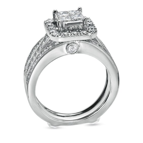 Previously Owned - 1-1/2 CT. T.w. Quad Princess-Cut Diamond Bridal Set in 14K White Gold - Size 7
