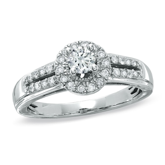 Previously Owned - 1/2 CT. T.w. Diamond Split-Shank Frame Engagement Ring in 14K White Gold