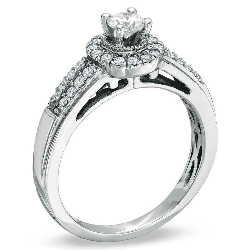 Main Image 2 of Previously Owned - 1/2 CT. T.W. Diamond Split-Shank Frame Engagement Ring in 14K White Gold