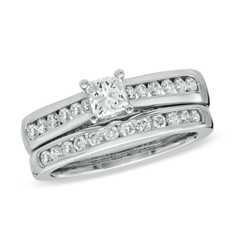 Main Image 1 of Previously Owned - 1-1/4 CT. T.W. Square-Cut Diamond Bridal Set in 14K White Gold