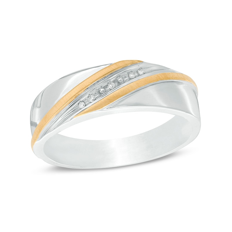 Previously Owned - Men's Diamond Accent Slant Ring in Sterling Silver with 14K Gold Plate - Size 10
