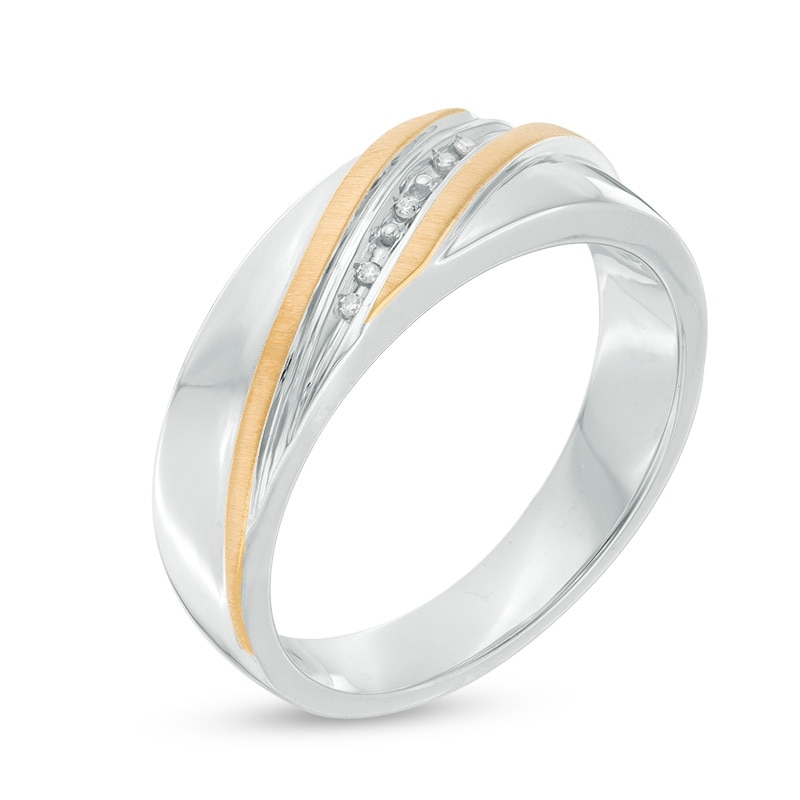 Previously Owned - Men's Diamond Accent Slant Ring in Sterling Silver with 14K Gold Plate - Size 10