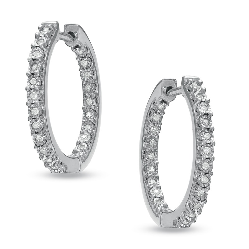 Main Image 1 of Previously Owned - 1/8 CT. T.W. Diamond Sparkle Hoop Earrings in Sterling Silver