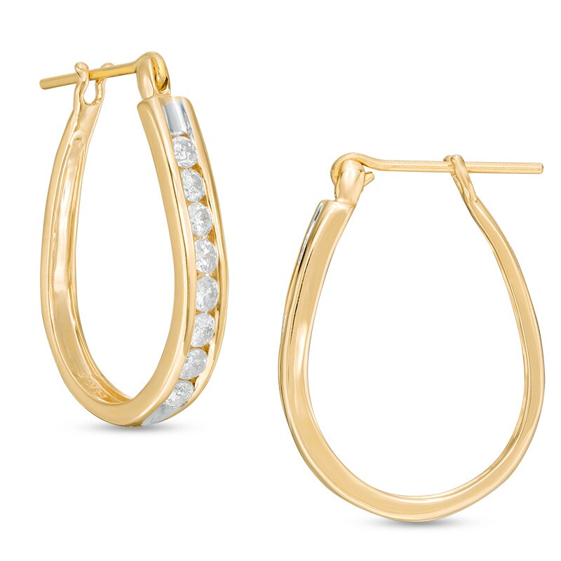 Main Image 1 of Previously Owned - 1 CT. T.W. Channel-Set Diamond Oval Hoop Earrings in 14K Gold
