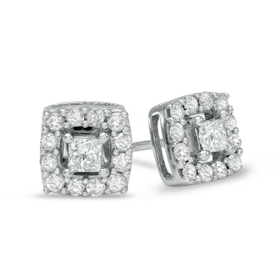 Previously Owned - 1/2 CT. T.w. Princess-Cut Diamond Cushion Frame Stud Earrings in 10K White Gold