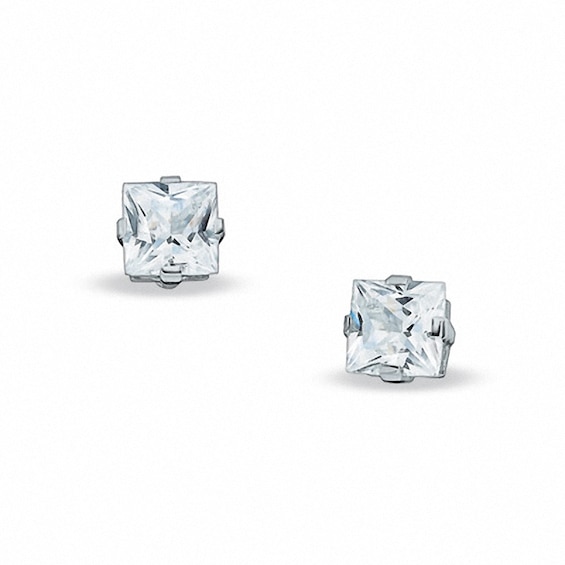 Previously Owned - 7.0mm Princess-Cut Lab-Created White Sapphire Stud Earrings in Sterling Silver