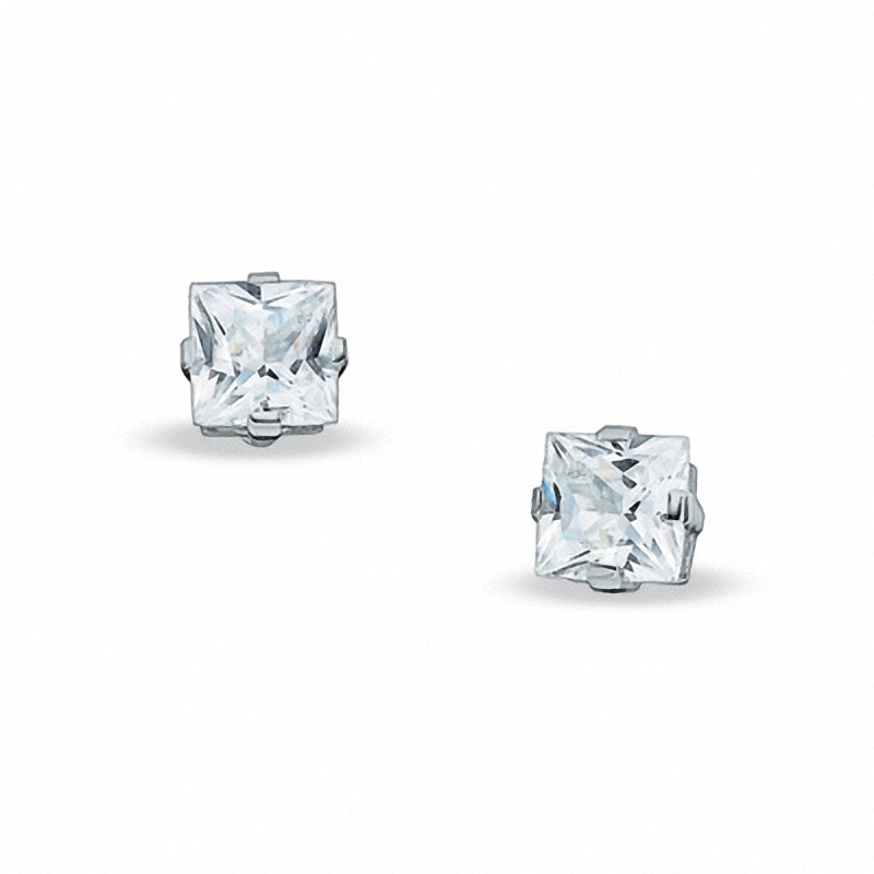 Main Image 1 of Previously Owned - 7.0mm Princess-Cut Lab-Created White Sapphire Stud Earrings in Sterling Silver