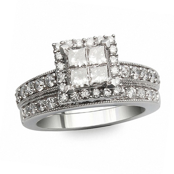 Previously Owned - 1 CT. T.w. Quad Princess-Cut Diamond Framed Bridal Set in 14K White Gold