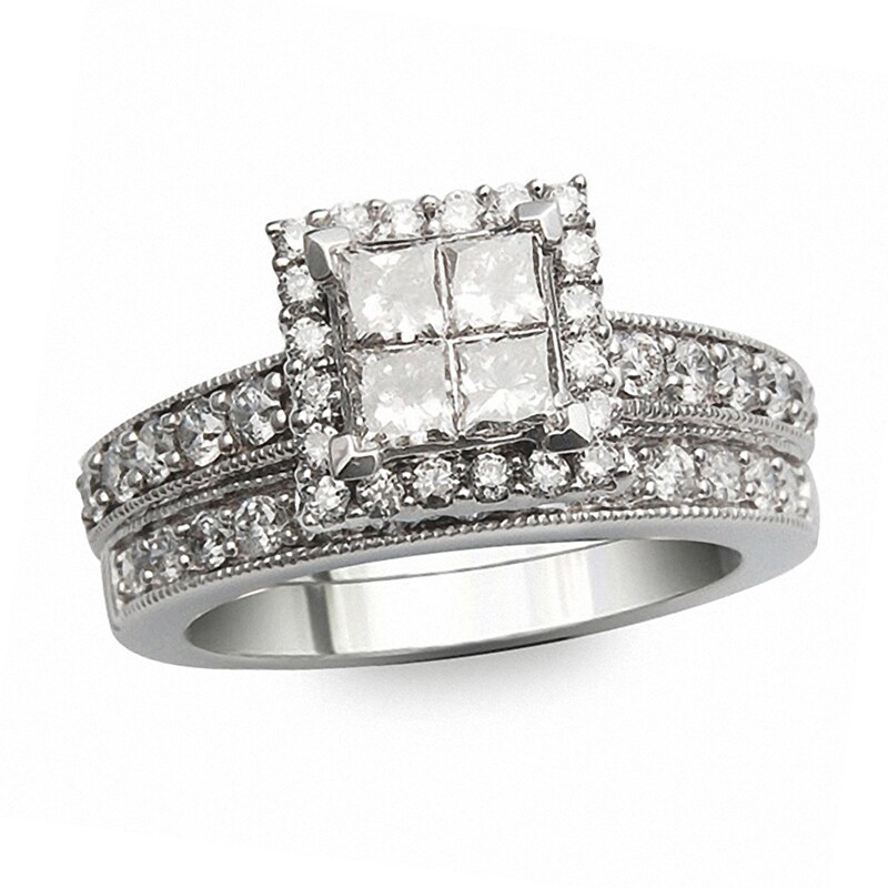 Main Image 1 of Previously Owned - 1 CT. T.W. Quad Princess-Cut Diamond Framed Bridal Set in 14K White Gold