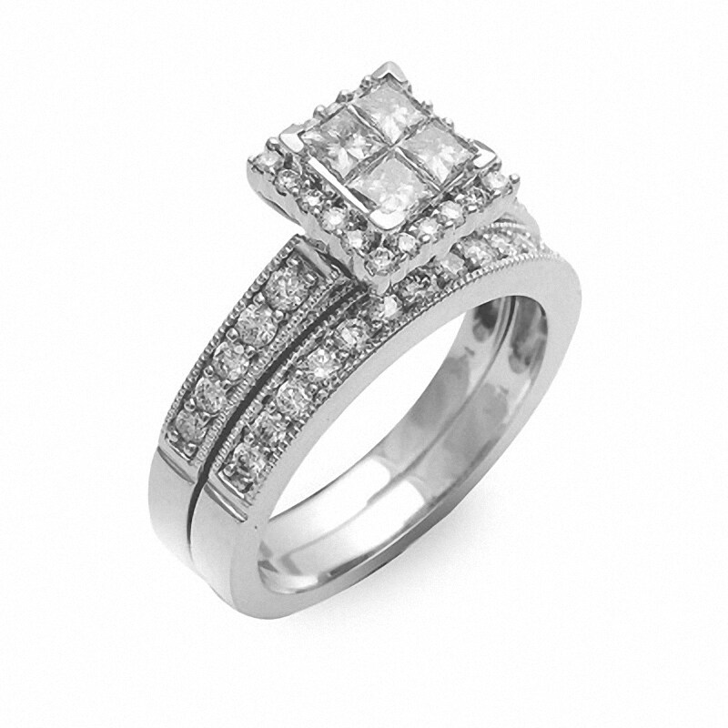 Main Image 2 of Previously Owned - 1 CT. T.W. Quad Princess-Cut Diamond Framed Bridal Set in 14K White Gold
