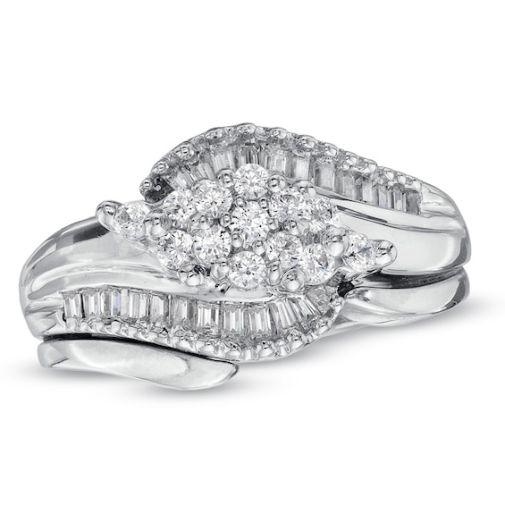 Previously Owned - 1/2 CT. T.w. Diamond Cluster Swirl Bridal Set in 10K White Gold