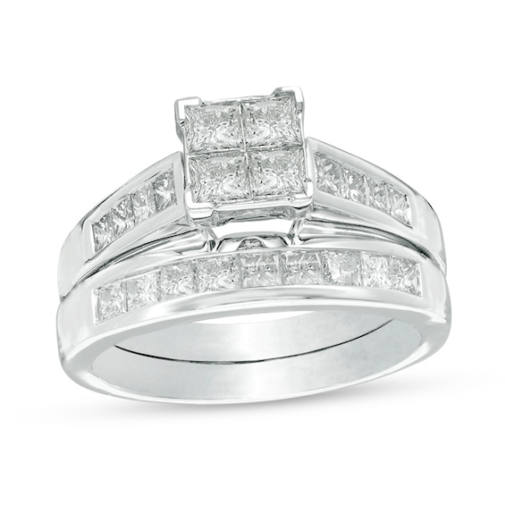 Previously Owned - 1-1/2 CT. T.w. Quad Princess-Cut Diamond Bridal Set in 14K White Gold
