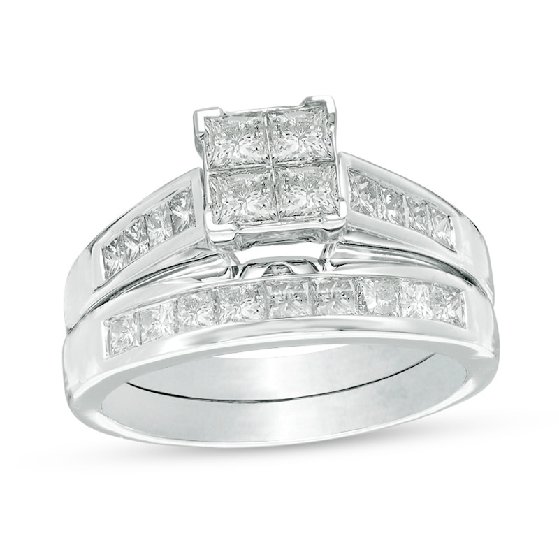 Previously Owned - 1-1/2 CT. T.W. Quad Princess-Cut Diamond Bridal Set in 14K White Gold