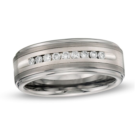 Previously Owned - Men's 1/4 CT. T.W. Diamond Channel Wedding Band in Tungsten Carbide and Stainless Steel Previously Owned - Men's 1/4 CT. T.W. Diamond Channel Wedding Band in Tungsten Carbide and Stainless Steel