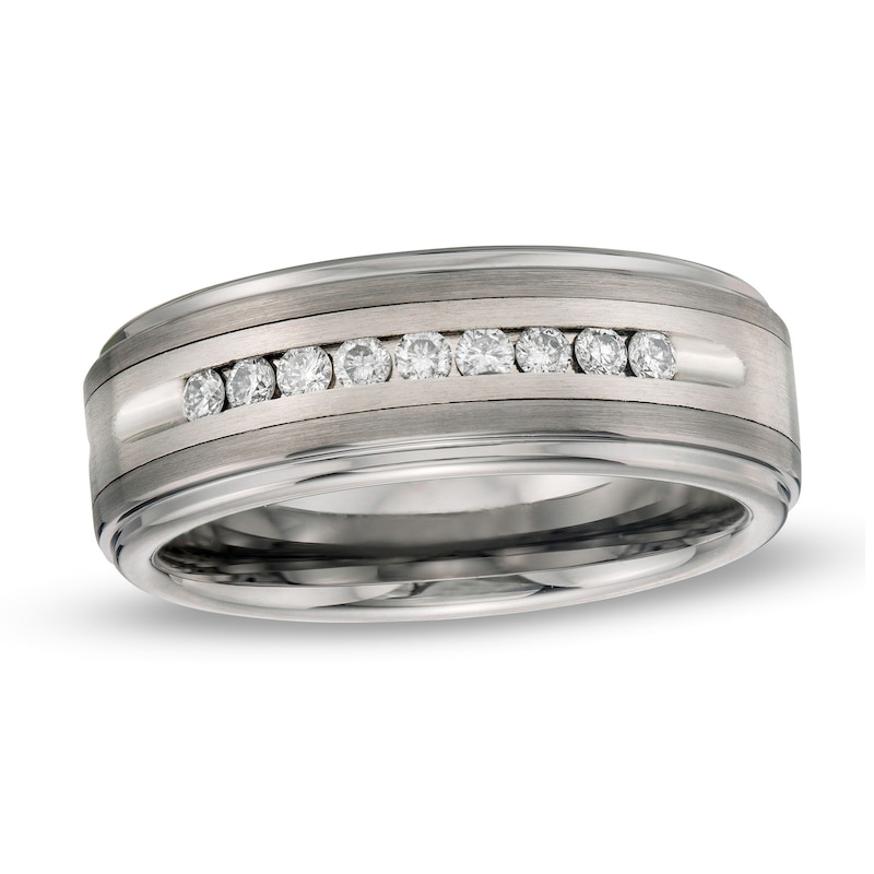 Previously Owned - Men's 1/4 CT. T.W. Diamond Channel Wedding Band in Tungsten Carbide and Stainless Steel