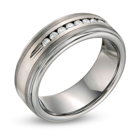 Previously Owned - 1/4 CT. T.w. Diamond Channel Wedding Band in Tungsten Carbide and Stainless Steel