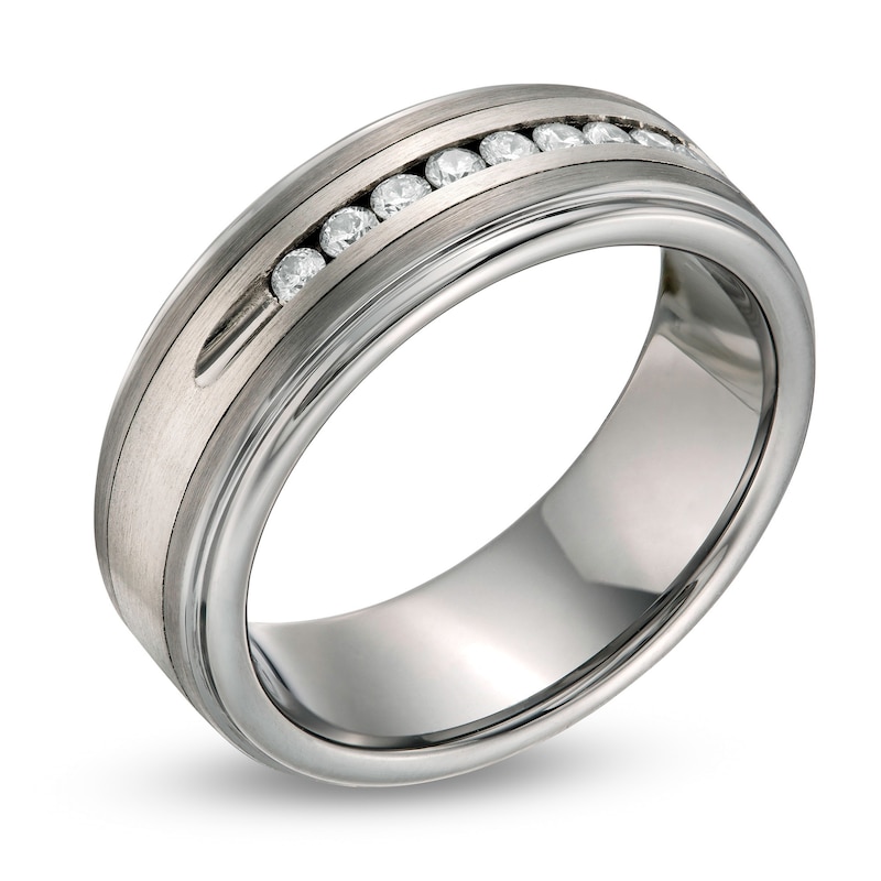 Previously Owned - Men's 1/4 CT. T.W. Diamond Channel Wedding Band in Tungsten Carbide and Stainless Steel